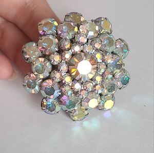 Vintage Chunky Silver Aurora Borealis Crystal Gemstone Rhinestone Round Brooch